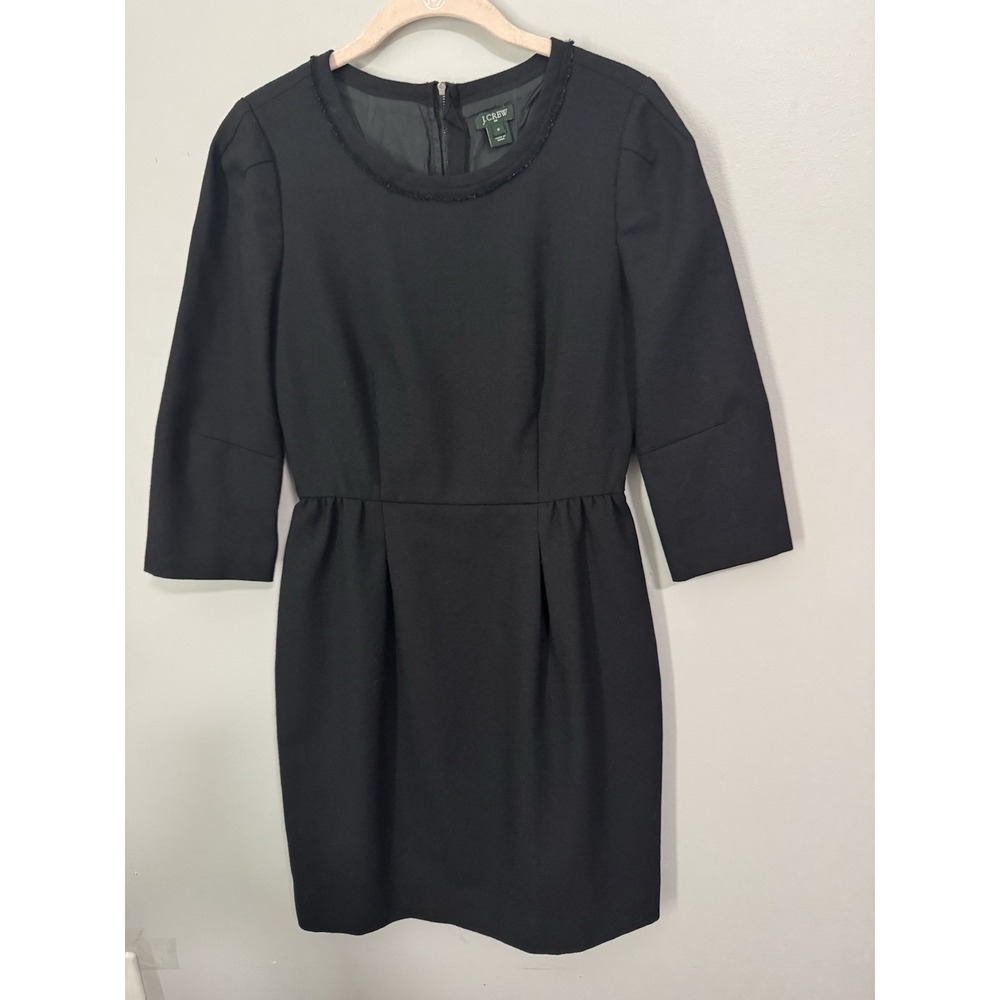 J.Crew Factory Dress Size 0 Black Lined Wool Blend 3/4 Sleeved Knee Length